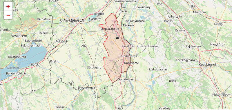 Budapesti agglomeráció térképe, kiemelve Dunaújváros és környéke. Részletes térkép, útvonalak és települések.