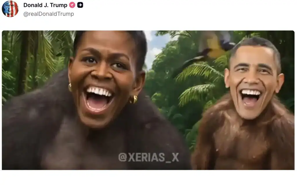 Trump és Obama majommaszkban, vidám pillanat a dzsungelben.