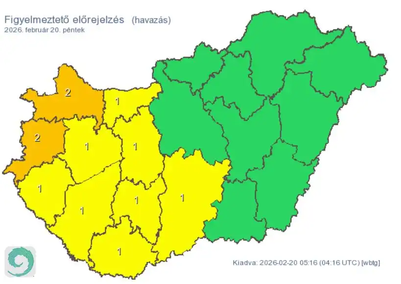 Magyarország térképe, ahol a nyugati és középső régiók sárga, a keleti részek zöld színnel jelölve.