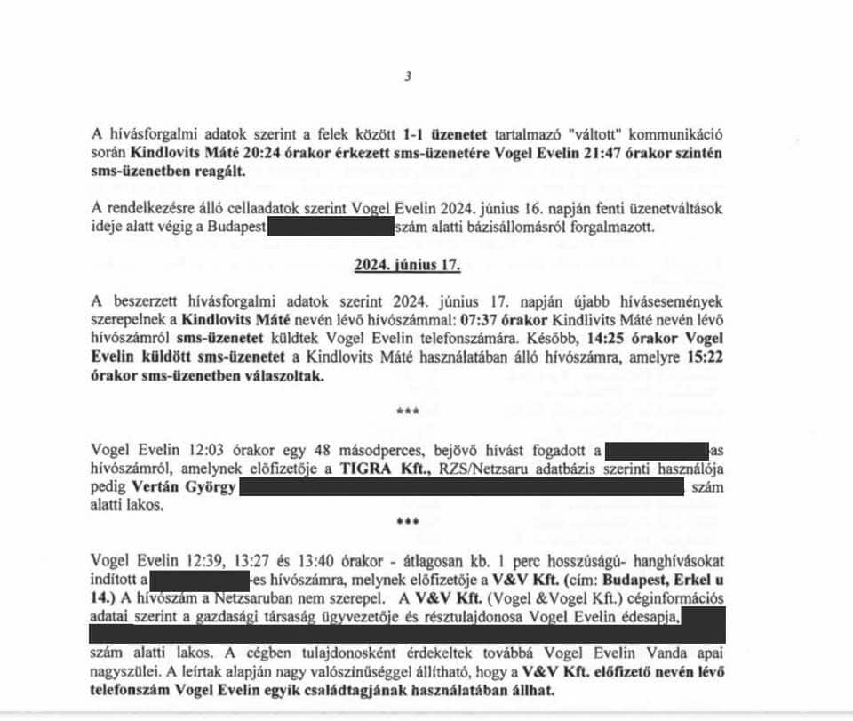 Rendőrségi dokumentum Vogel Evelin telefonbeszélgetéseiről Kubatov Gábor bizalmasával.